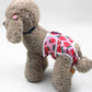 Dog anti-estrus belly wrap pants in red strawberry print with white trim and adjustable fit