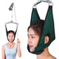Cervical traction sling with dark green hood and side straps, worn on a person