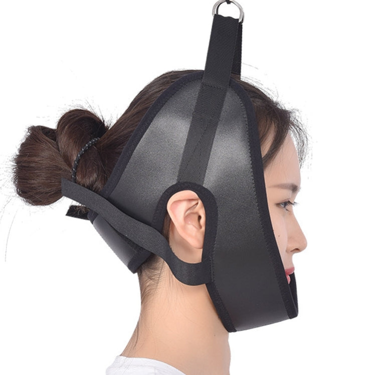 Black cervical traction neck belt with adjustable strap and ear opening