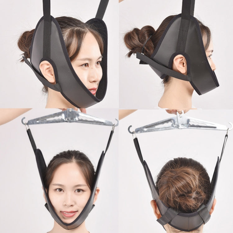 Black cervical traction belt worn on model's neck from multiple angles