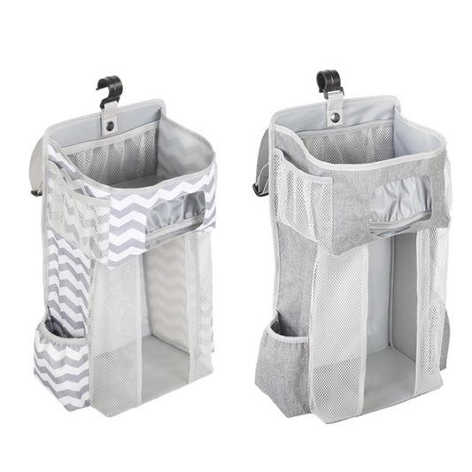 Baby Crib Hanging Bag Multifunctional Detachable Bed Diaper Toy Storage Bag, Gray Snow, Gray Stripe