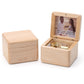 Light wood wooden music box, closed lid and open photo frame with gold-toned movement