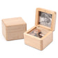 Light wood wooden music box with open photo frame and gold-toned movement inside