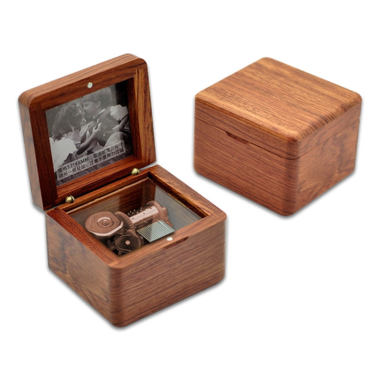 Wooden music box with hinged lid, open metal mechanism and closed lid shown