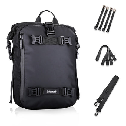 Motorcycle rear seat bag, black nylon with roll-top straps and front buckle system