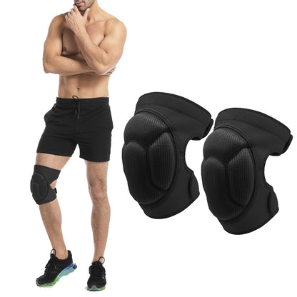 Pair of black foam knee pads with curved protective caps and elastic straps.