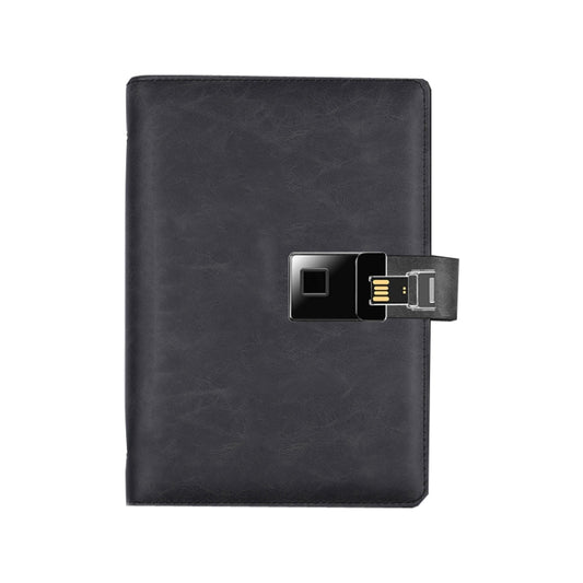 A5 fingerprint lock notebook with built-in USB flash module, black cover