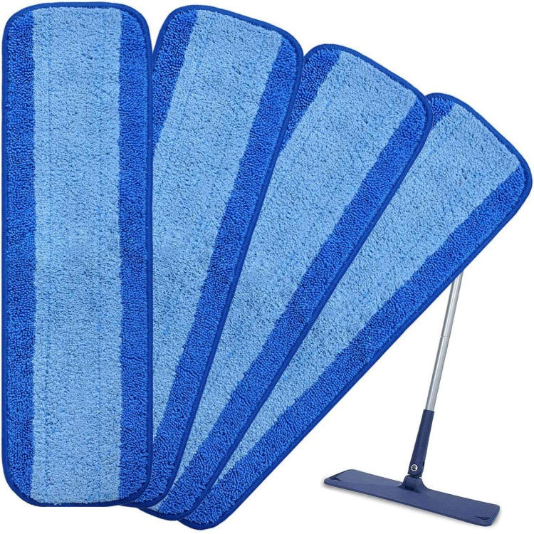 Multiple blue microfiber flat mop cloth pads stacked, striped with dark trim.