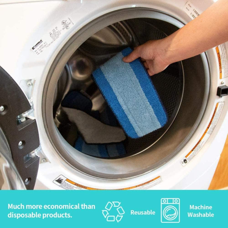 Blue microfiber mop pad being placed into a washing machine drum.