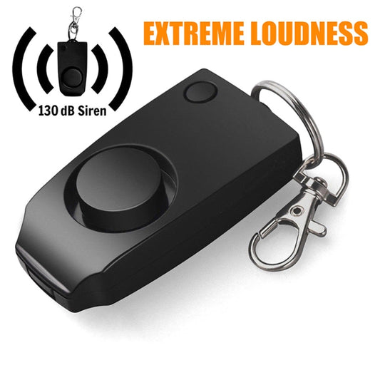 Black personal safety alarm fob with lanyard ring and metal key clip