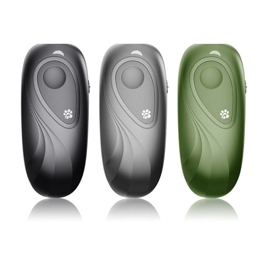 Portable ultrasonic dog repeller set: black, gray, and army green handheld units