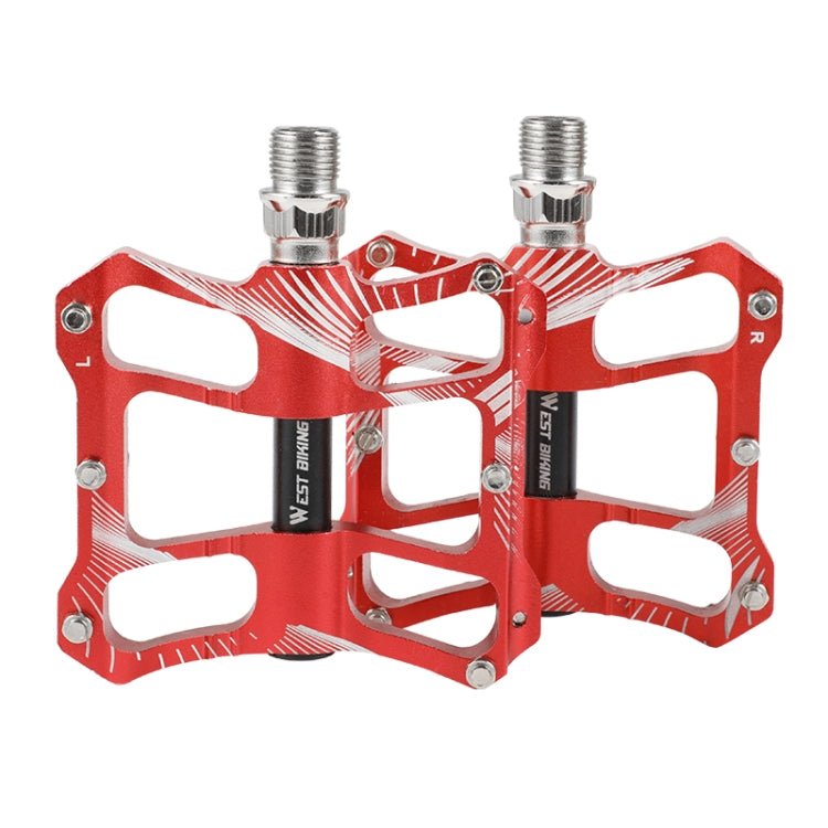 Red aluminum alloy bike pedal with wide platform and threaded axle