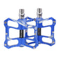 Blue aluminum alloy bike pedal with wide platform and threaded axle