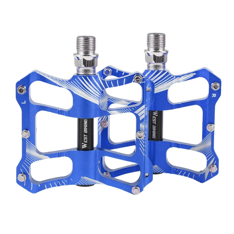 Blue aluminum alloy bike pedal with wide platform and threaded axle