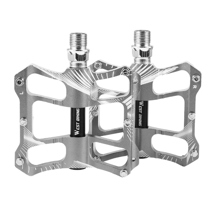 Silver gray aluminum alloy bike pedal with wide platform and threaded axle