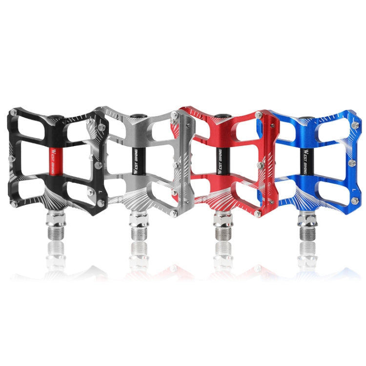 Set of aluminum alloy bike pedals in black, red, silver, and blue