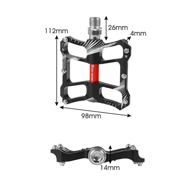 Black aluminum alloy bicycle pedal with size dimensions shown