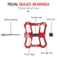 Red aluminum alloy bike pedal diagram showing sealed bearings and dust cap