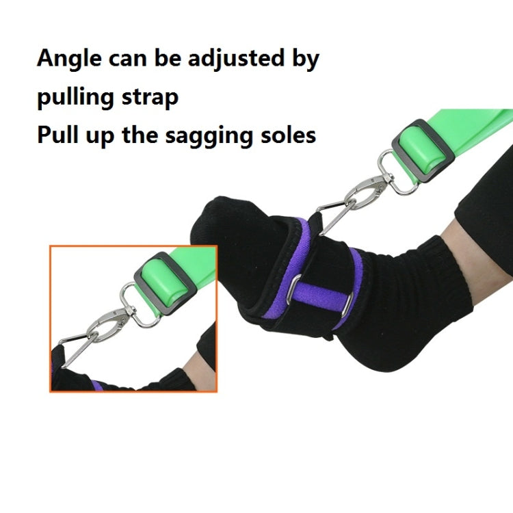 Adjustable foot support brace with black cuff, purple strap, and green tension line