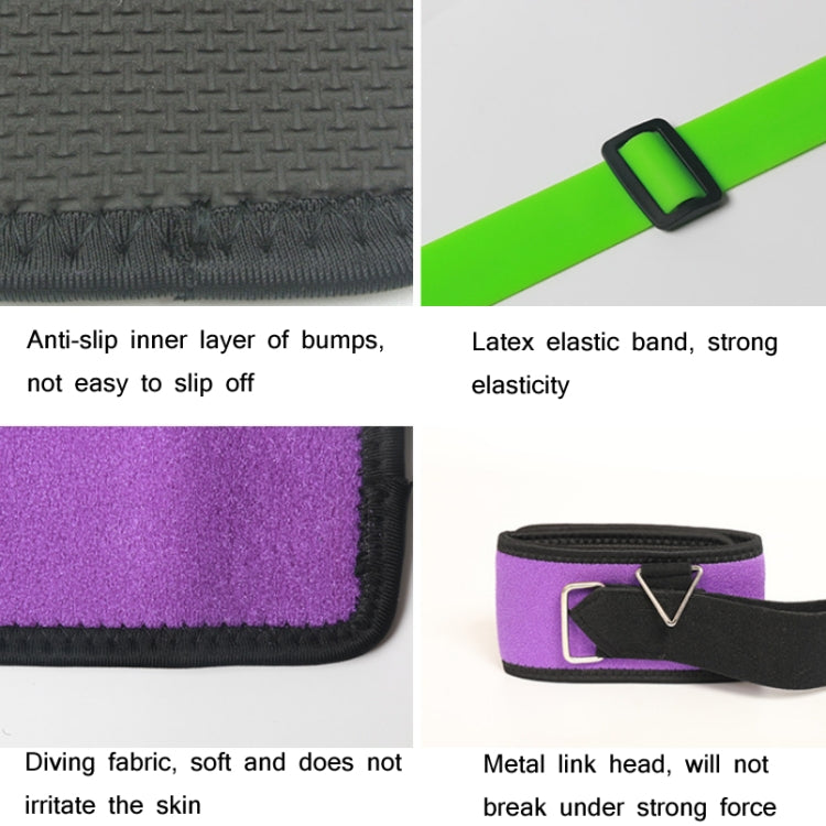 Purple-lined foot drop brace with anti-slip inner texture and green webbing strap