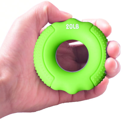 Green silicone finger exercise grip ring, 20LB resistance, textured edges and center hole
