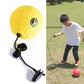 Yellow children training football with attached rope