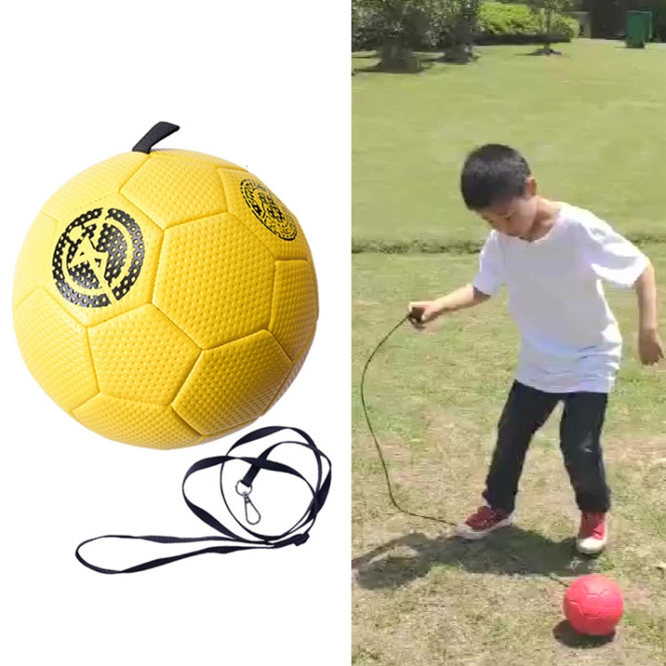 Yellow kids training football with attached black rope and printed badge