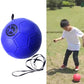 Blue kids training football with attached black rope and printed badge
