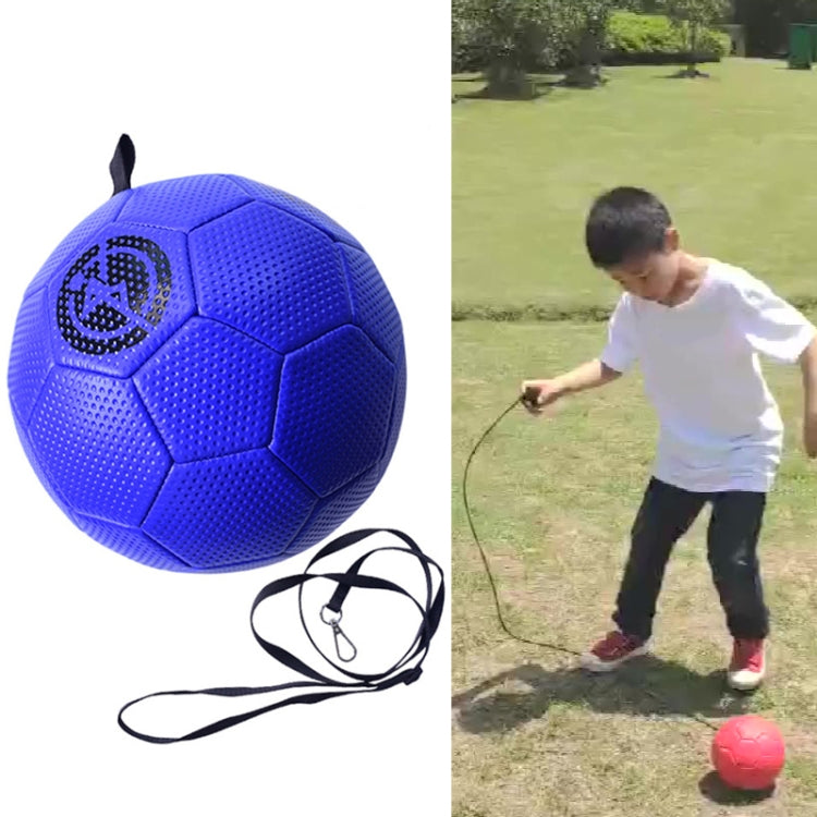 Blue kids training football with attached black rope and printed badge