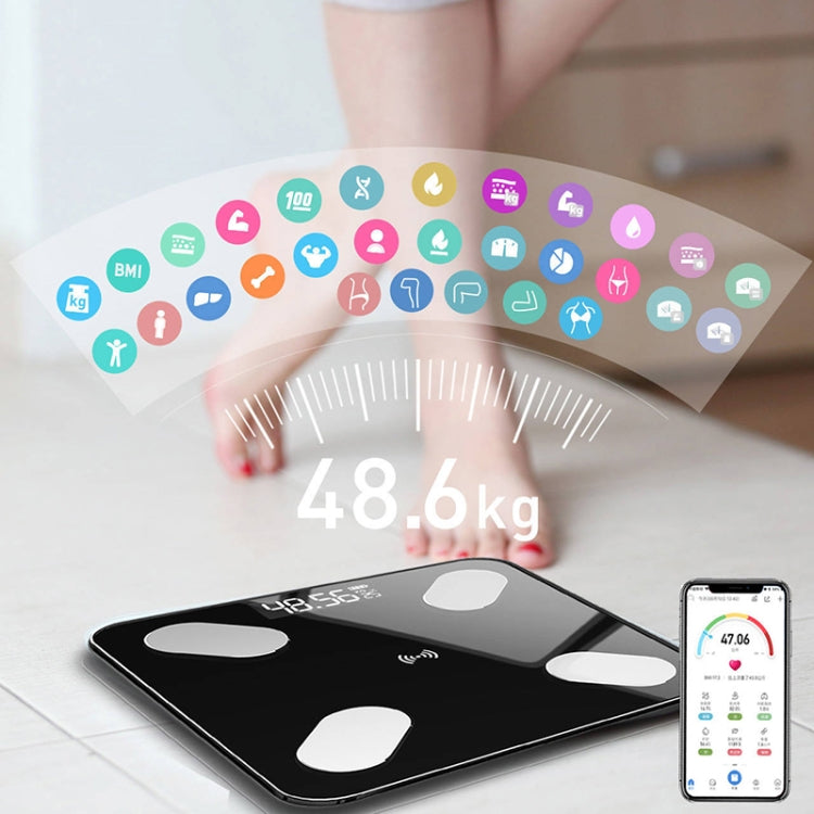 Smart Bluetooth body fat scale on floor with digital weight reading and smartphone app