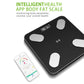 Smart Bluetooth body fat scale, black glass with oval pads and app-connected display