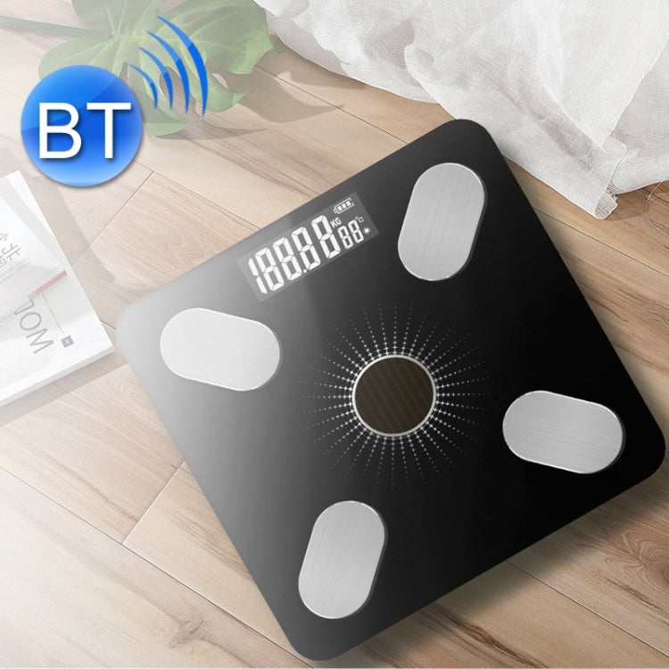 Smart Bluetooth body fat scale, black glass with oval sensor pads and digital display