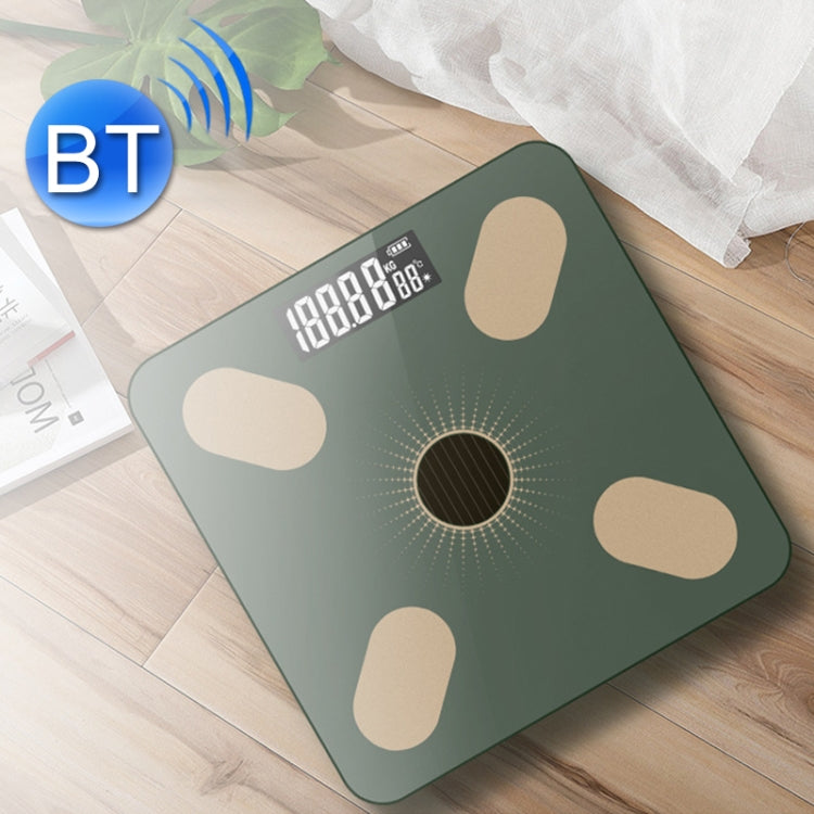 Smart Bluetooth body fat scale, green glass with oval sensor pads and digital display