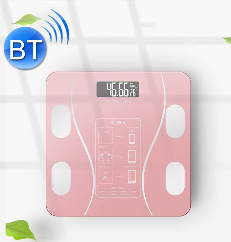Smart Bluetooth body fat scale, pink glass with oval pads and control panel markings