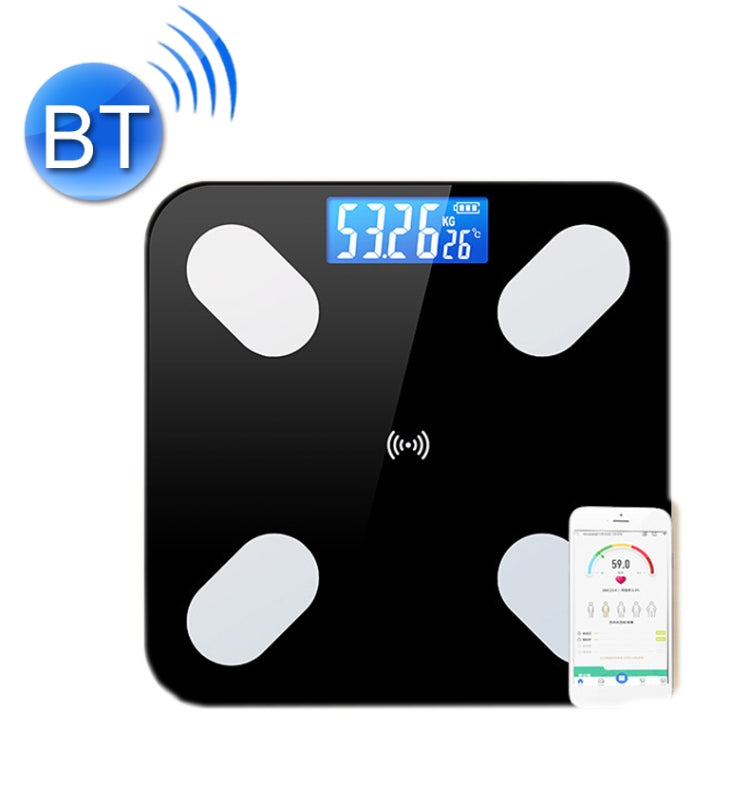 Black smart Bluetooth weight scale with digital display and phone app indicator