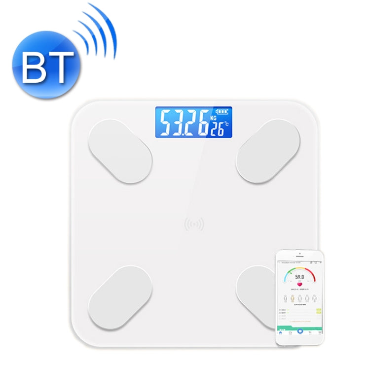White smart Bluetooth weight scale with digital display and phone app indicator