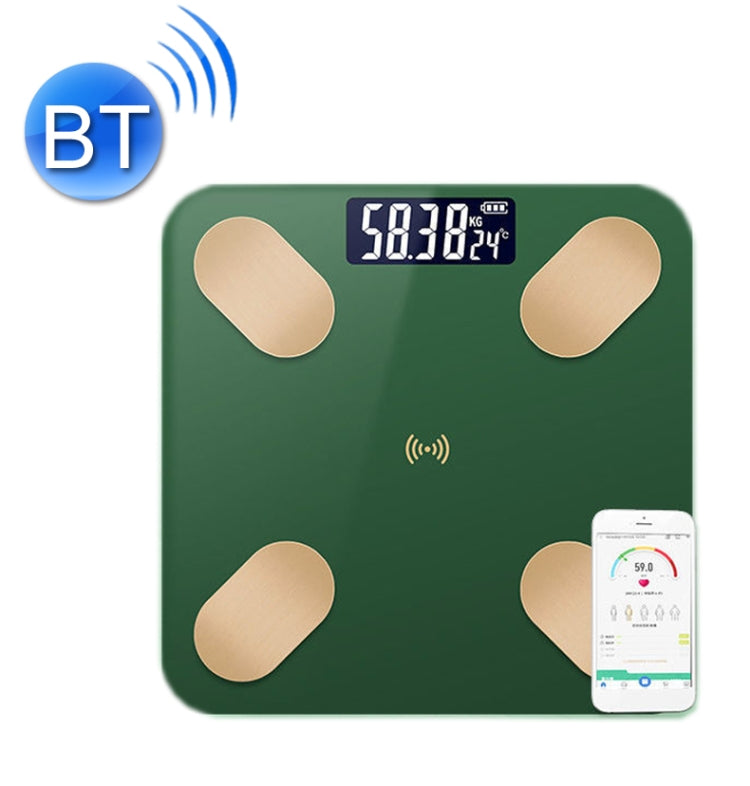 Green smart Bluetooth weight scale with digital display and phone app indicator