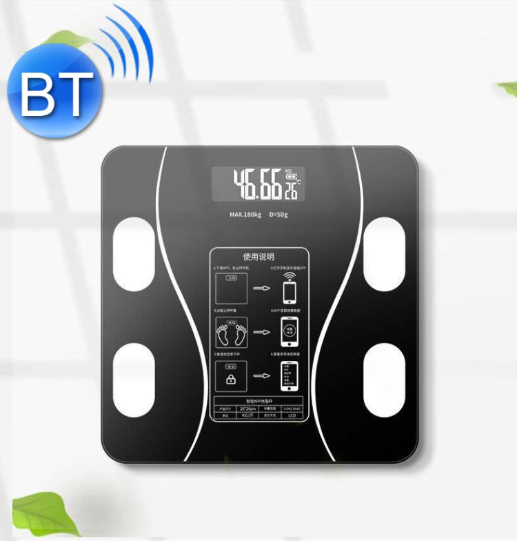Black smart Bluetooth weight scale front view with control panel graphic
