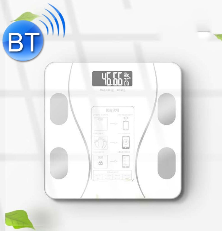 White smart Bluetooth weight scale front view with control panel graphic