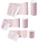 Assorted pink-and-white compression bandage pieces and rolls, elastic self-adhesive tabs