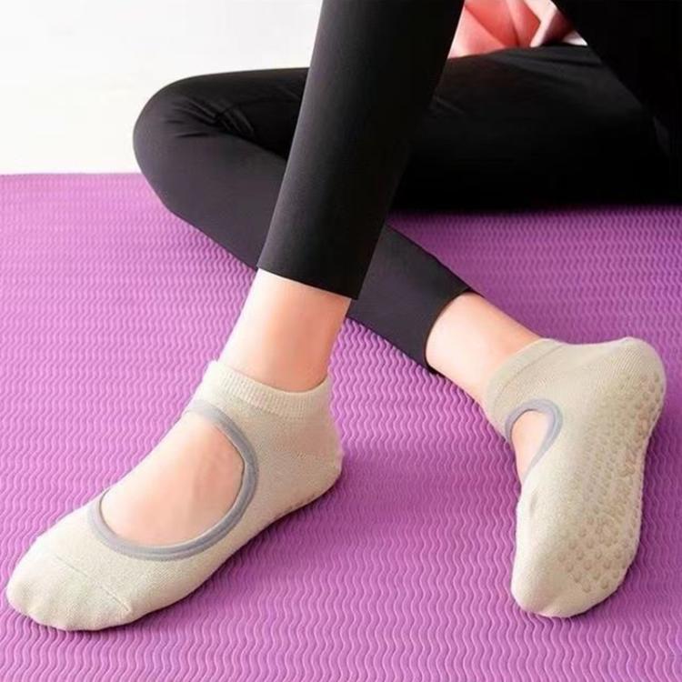 Backless non-slip yoga socks, light beige with textured grip sole, size 35-42