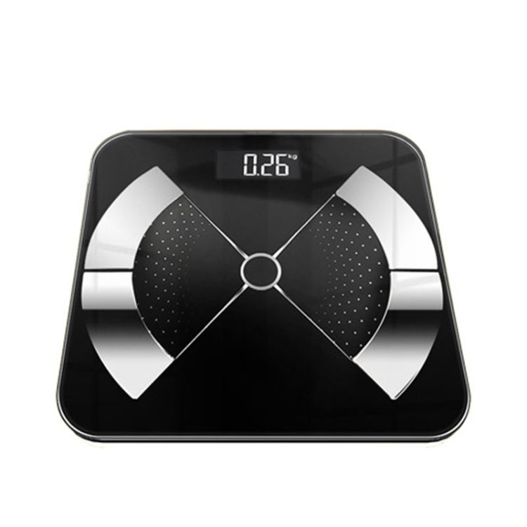 Black digital body fat scale with LCD readout and circular sensor ring centerpiece