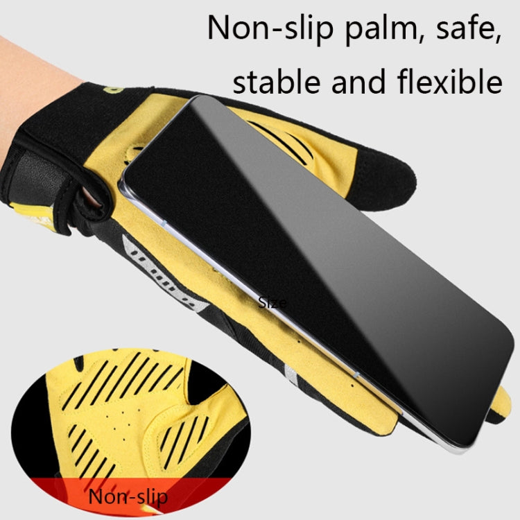Bicycle gloves with non-slip palm demonstrating touchscreen use, yellow and black