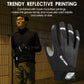Black bicycle gloves with reflective print and hook-and-loop wrist strap