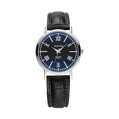 Ladies quartz wristwatch with black dial, Roman numeral markers, black leather strap