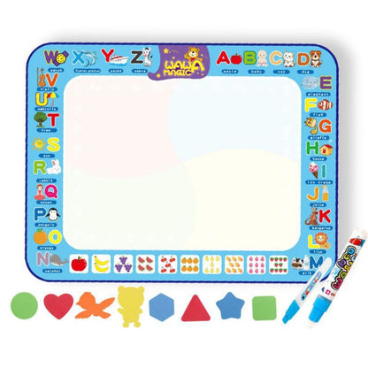 Children's water drawing canvas mat with colorful alphabet border and 2 blue markers