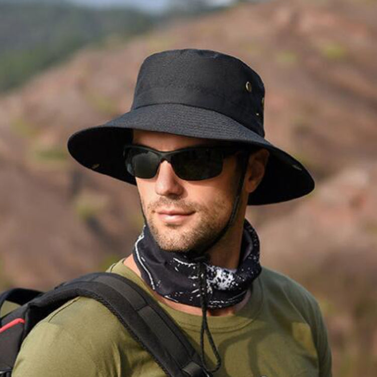Black wide-brim sun hat with chin strap and metal eyelet detail