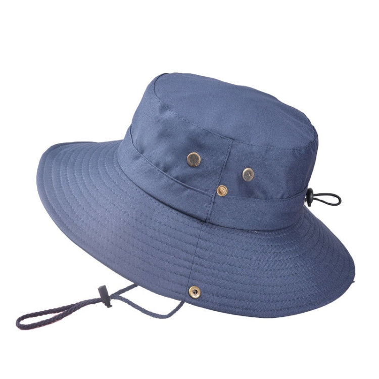 Navy wide-brim fisherman hat with chin ties and grommet buttons