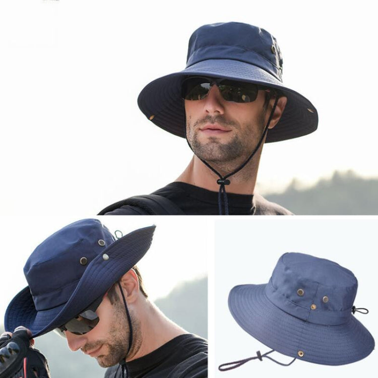 Navy outdoor sun hat with wide brim and adjustable chin cord