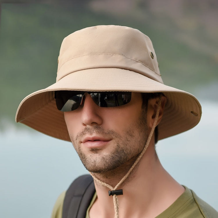 Beige wide-brim sun hat with chin strap and metal eyelet detail